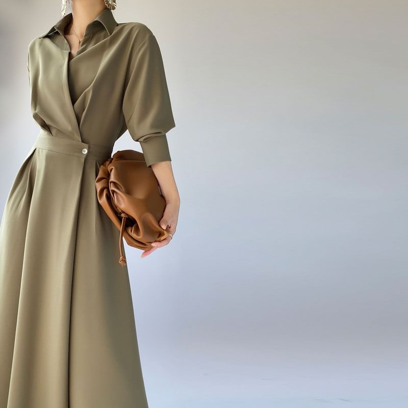 Lapel Neck Shirt Dress, A-Line Maxi Long Sleeve