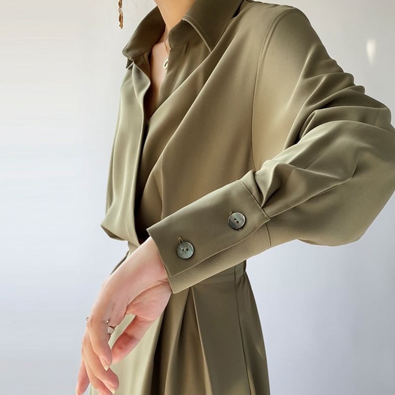 Lapel Neck Shirt Dress, A-Line Maxi Long Sleeve