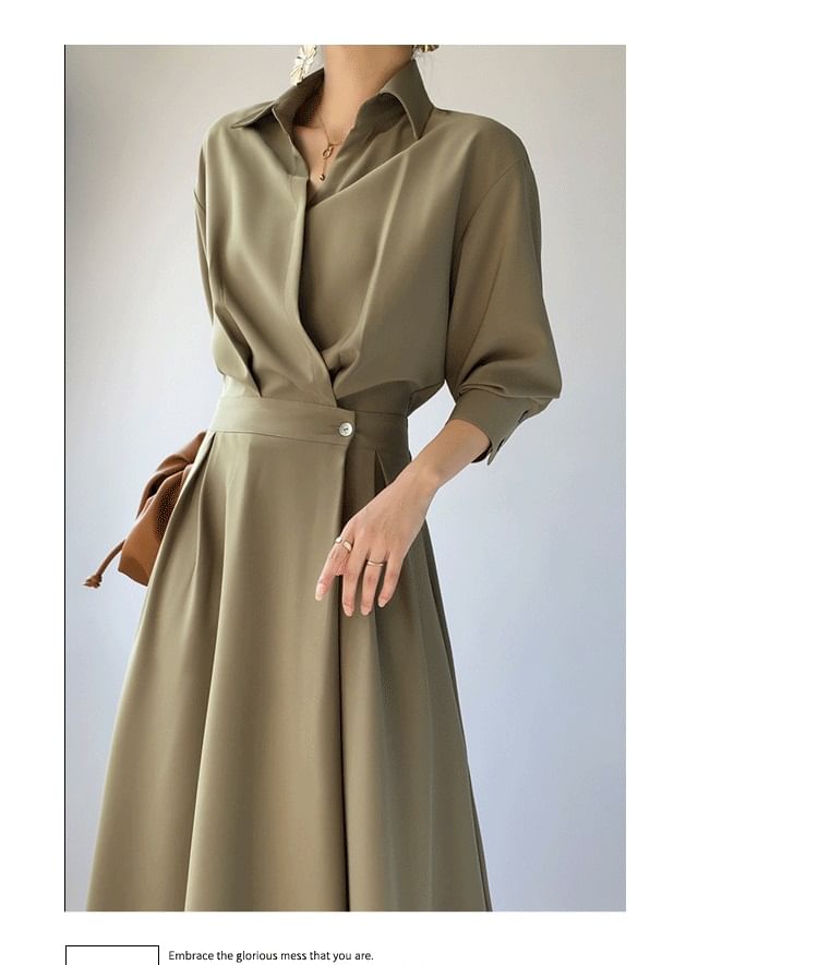 Lapel Neck Shirt Dress, A-Line Maxi Long Sleeve