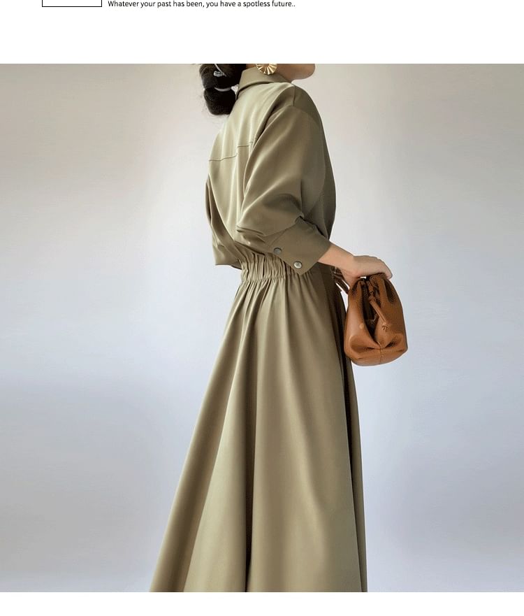 Lapel Neck Shirt Dress, A-Line Maxi Long Sleeve