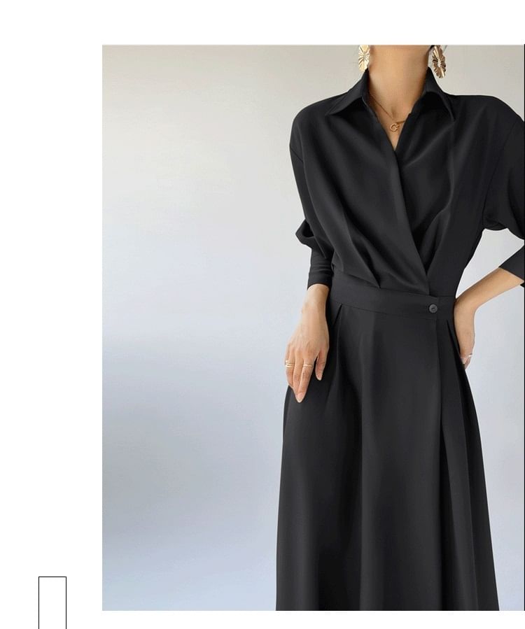 Lapel Neck Shirt Dress, A-Line Maxi Long Sleeve