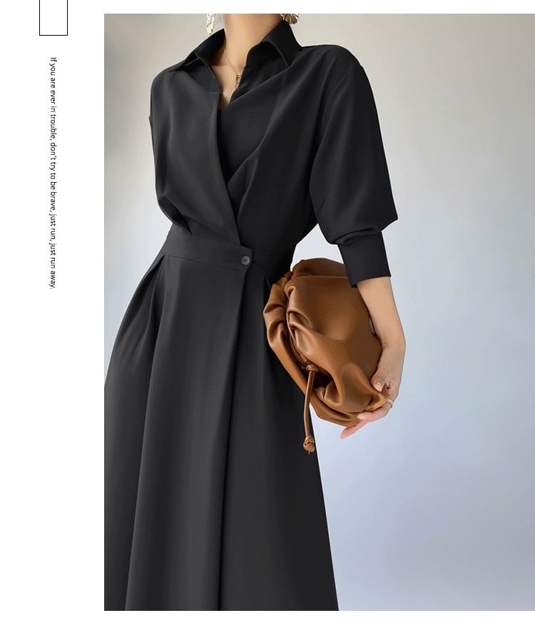 Lapel Neck Shirt Dress, A-Line Maxi Long Sleeve