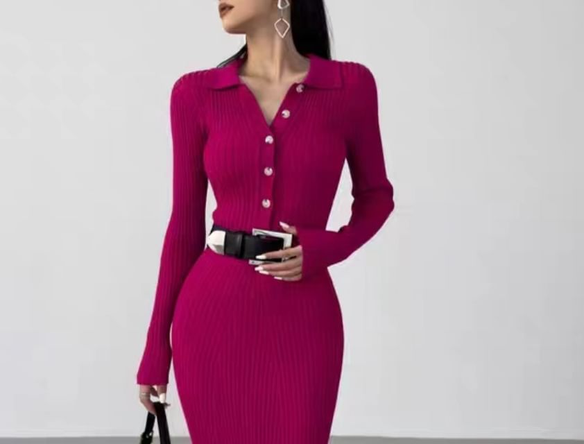 Ribbed Knit Maxi Dress, Bodycon Long Sleeve
