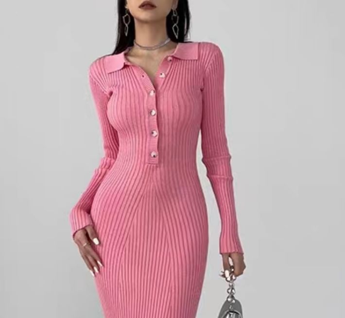 Ribbed Knit Maxi Dress, Bodycon Long Sleeve