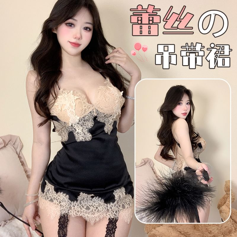 Lace Trim Chemise & G-String Set - Thin Strap
