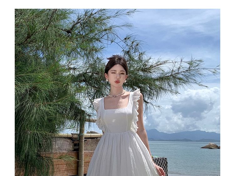 Ruffle Panel Sleeveless Maxi Dress, Square Neck