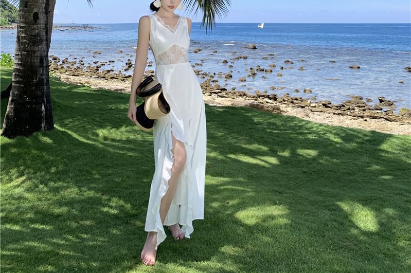 Lace Slit Maxi Dress, V-Neck Sleeveless Ruffle