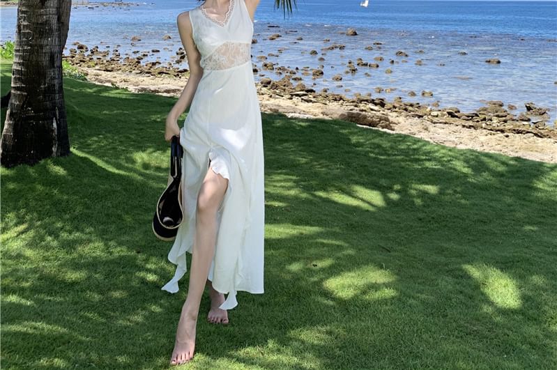 Lace Slit Maxi Dress, V-Neck Sleeveless Ruffle