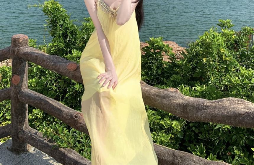 Rhinestone Spaghetti Strap Maxi Dress, A-Line