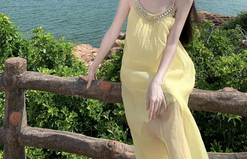 Rhinestone Spaghetti Strap Maxi Dress, A-Line