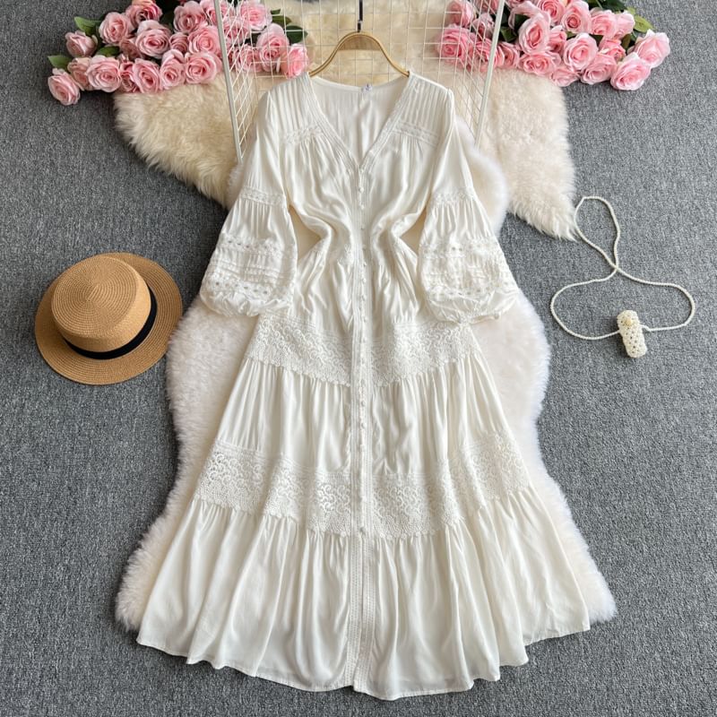Pintuck Lace Maxi Dress, V-Neck Long Sleeve