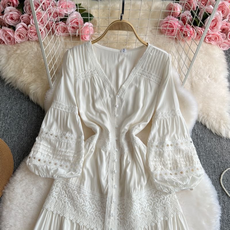 Pintuck Lace Maxi Dress, V-Neck Long Sleeve