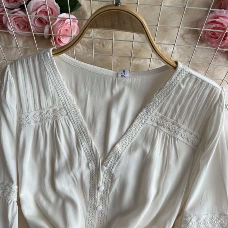 Pintuck Lace Maxi Dress, V-Neck Long Sleeve