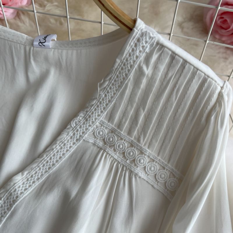 Pintuck Lace Maxi Dress, V-Neck Long Sleeve