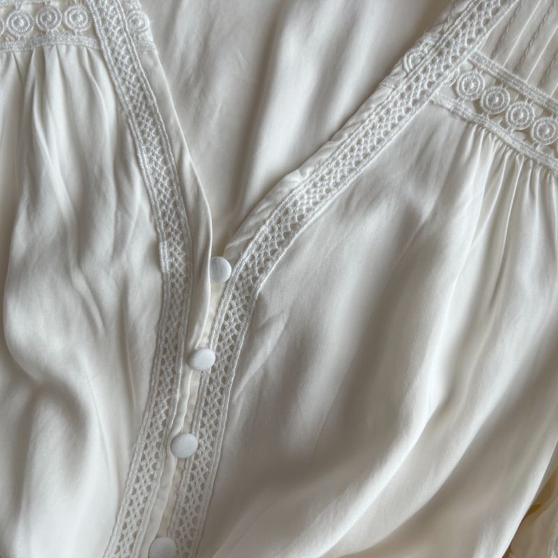 Pintuck Lace Maxi Dress, V-Neck Long Sleeve