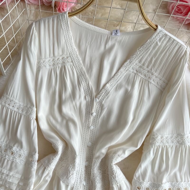 Pintuck Lace Maxi Dress, V-Neck Long Sleeve