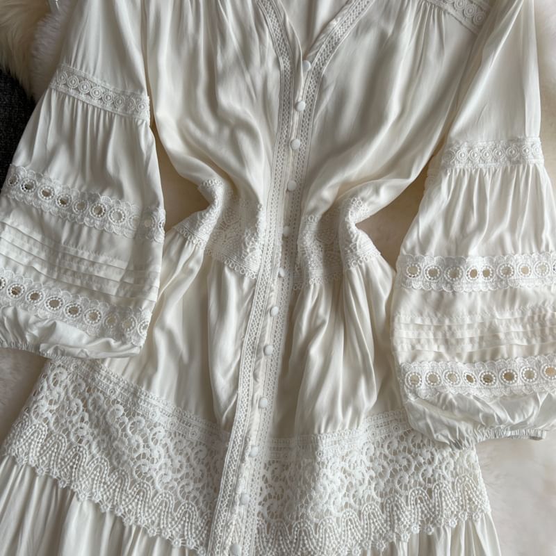 Pintuck Lace Maxi Dress, V-Neck Long Sleeve