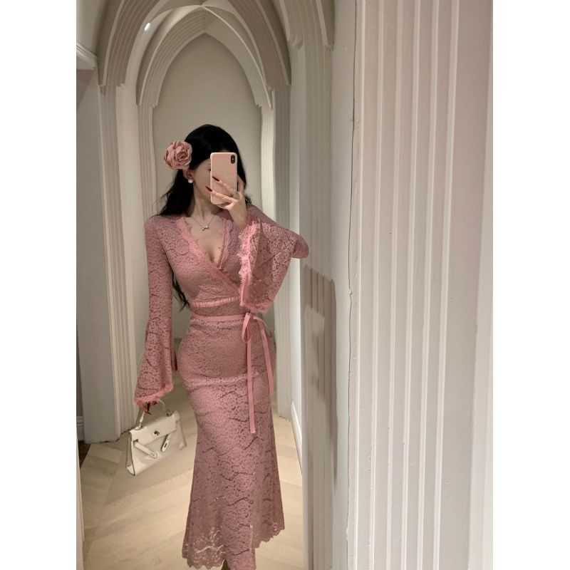 Flared Sleeve Lace Mermaid Dress, V-Neck