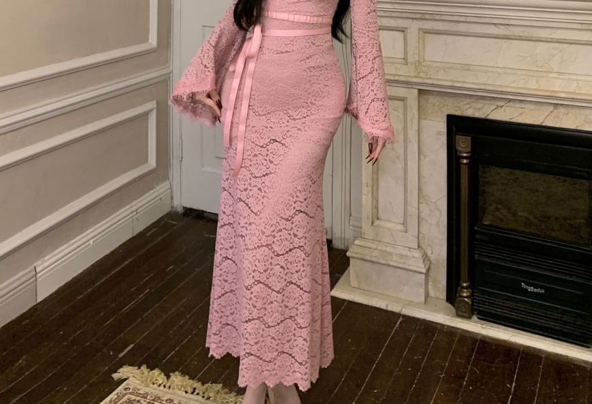 Flared Sleeve Lace Mermaid Dress, V-Neck