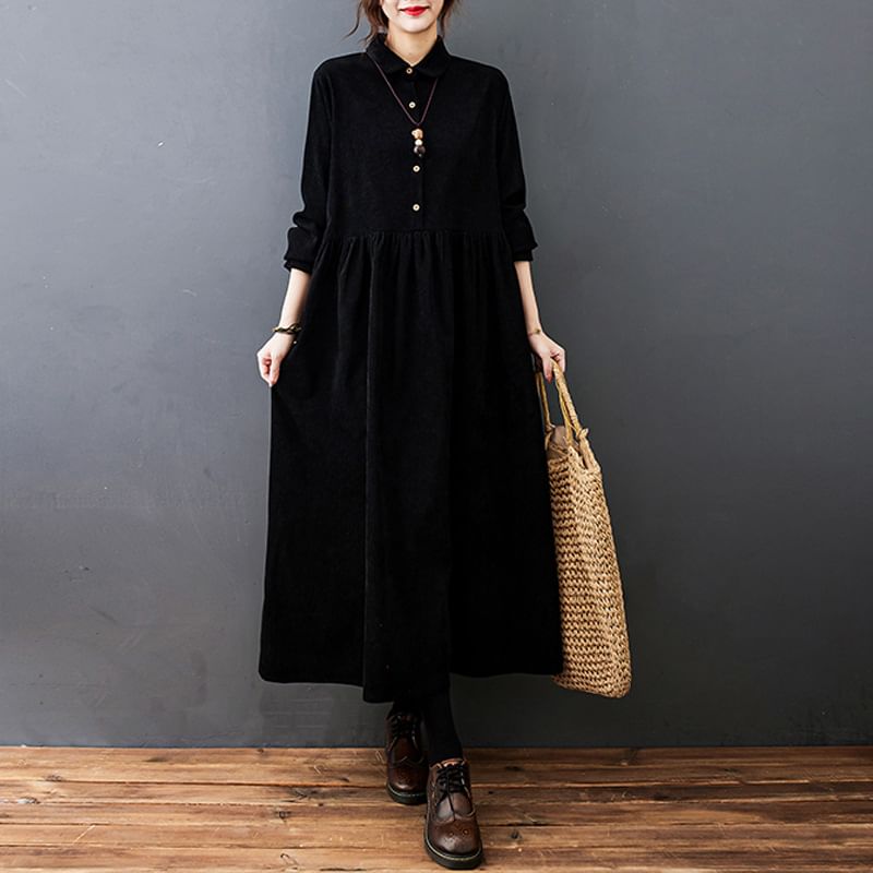 Corduroy A-Line Maxi Dress with Collared Long Sleeves