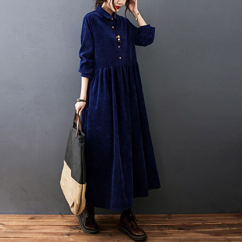 Corduroy A-Line Maxi Dress with Collared Long Sleeves