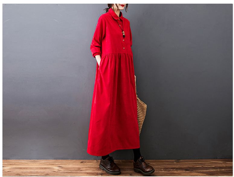 Corduroy A-Line Maxi Dress with Collared Long Sleeves