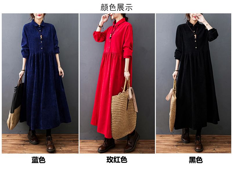 Corduroy A-Line Maxi Dress with Collared Long Sleeves