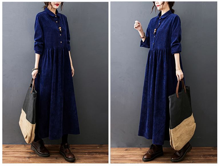 Corduroy A-Line Maxi Dress with Collared Long Sleeves