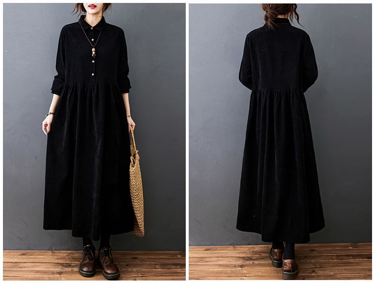 Corduroy A-Line Maxi Dress with Collared Long Sleeves
