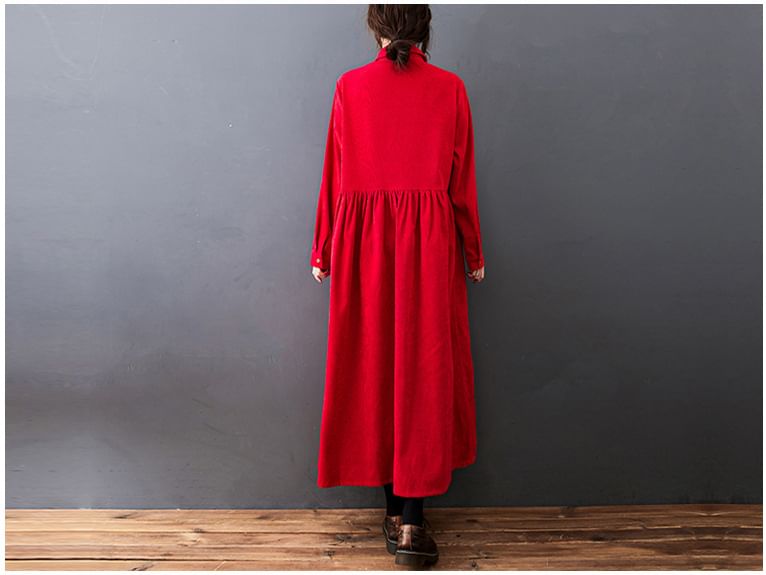Corduroy A-Line Maxi Dress with Collared Long Sleeves