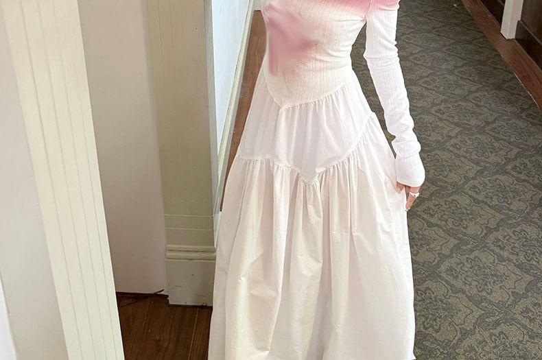 Off-Shoulder Tie Dye Long-Sleeved A-Line Maxi Dress