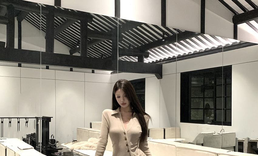 Buttoned V-Neck Long-Sleeved Plain Maxi Sheath Dress