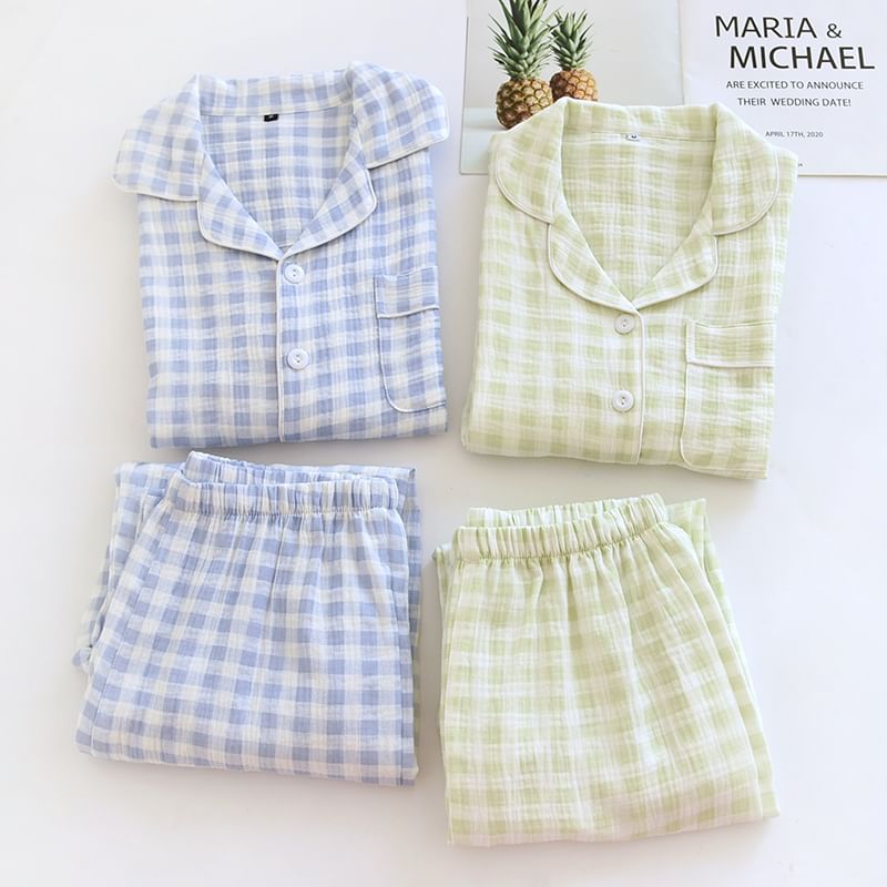 Couple Matching Pajama Set: Long-Sleeve Lapel Collar Plaid Button Top + Pants (Various Designs)