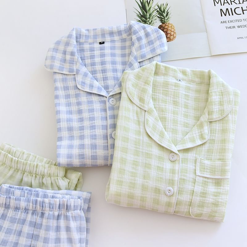 Couple Matching Pajama Set: Long-Sleeve Lapel Collar Plaid Button Top + Pants (Various Designs)