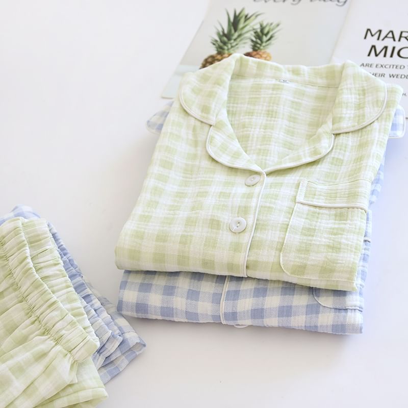 Couple Matching Pajama Set: Long-Sleeve Lapel Collar Plaid Button Top + Pants (Various Designs)