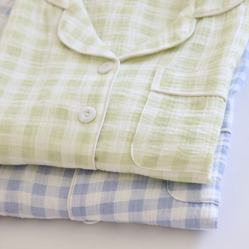 Couple Matching Pajama Set: Long-Sleeve Lapel Collar Plaid Button Top + Pants (Various Designs)