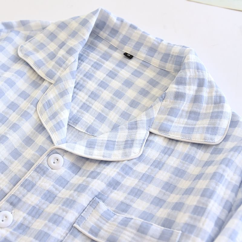 Couple Matching Pajama Set: Long-Sleeve Lapel Collar Plaid Button Top + Pants (Various Designs)