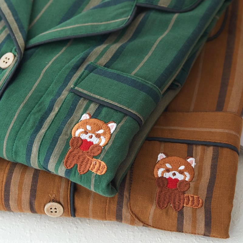Couple Matching Pajama Set: Long-Sleeve Lapel Collar Striped Raccoon Embroidered Button-Up Top + Pants