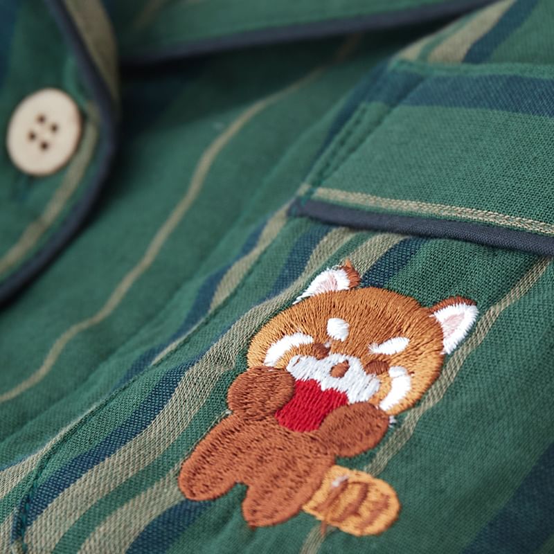 Couple Matching Pajama Set: Long-Sleeve Lapel Collar Striped Raccoon Embroidered Button-Up Top + Pants