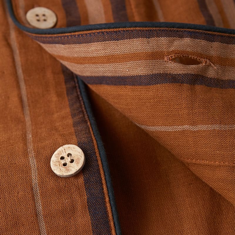 Couple Matching Pajama Set: Long-Sleeve Lapel Collar Striped Raccoon Embroidered Button-Up Top + Pants