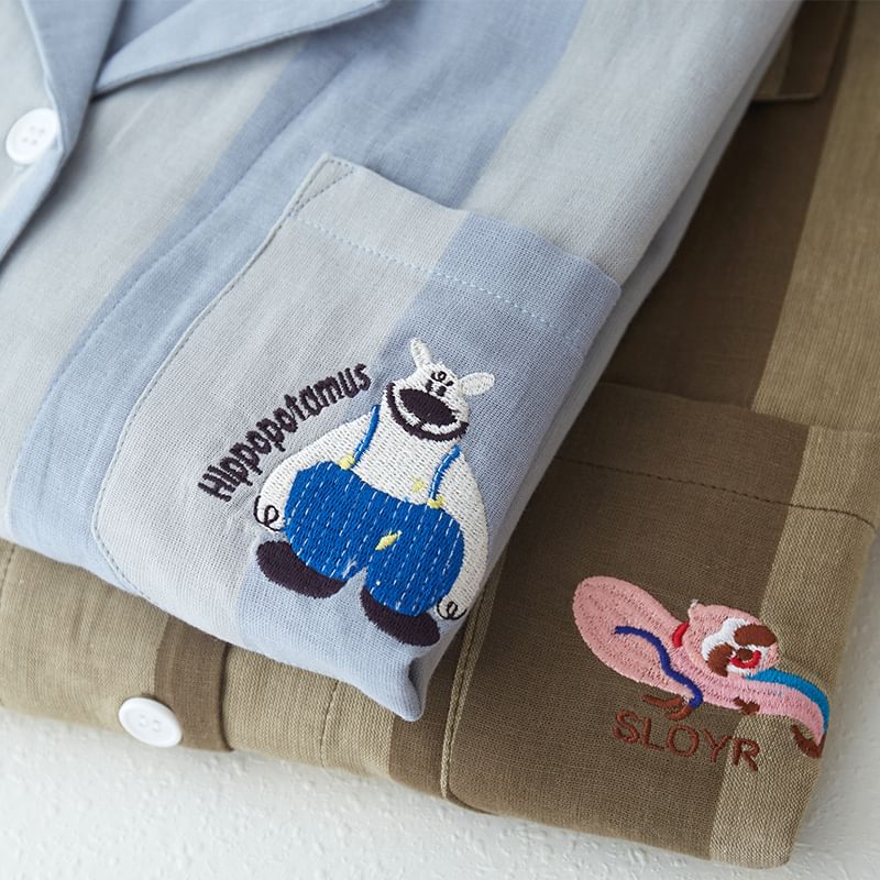 Couple Matching Pajama Set: Long-Sleeve Lapel Collar Striped Cartoon Embroidered Button-Up Top + Pants