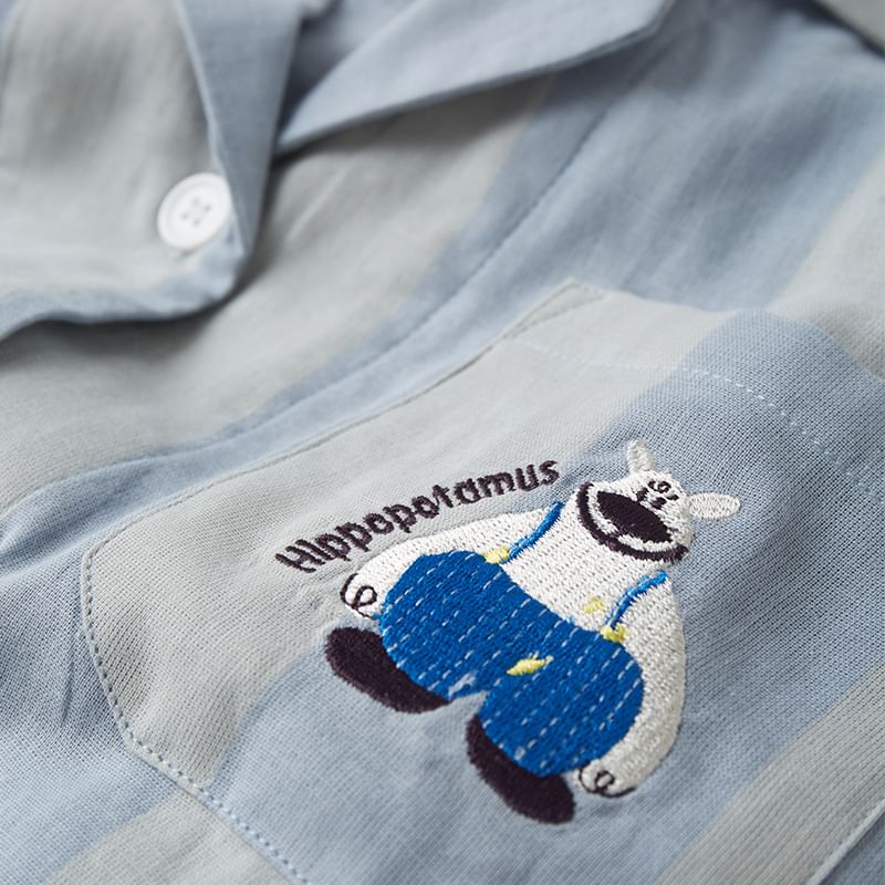 Couple Matching Pajama Set: Long-Sleeve Lapel Collar Striped Cartoon Embroidered Button-Up Top + Pants