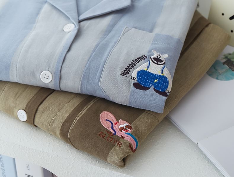 Couple Matching Pajama Set: Long-Sleeve Lapel Collar Striped Cartoon Embroidered Button-Up Top + Pants