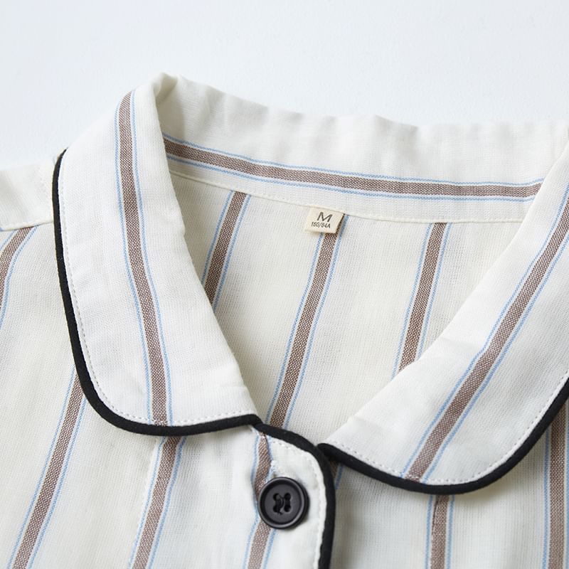 Couple Matching Pajama Set: Long-Sleeve Collared Striped Cartoon Embroidered Button-Up Top + Pants