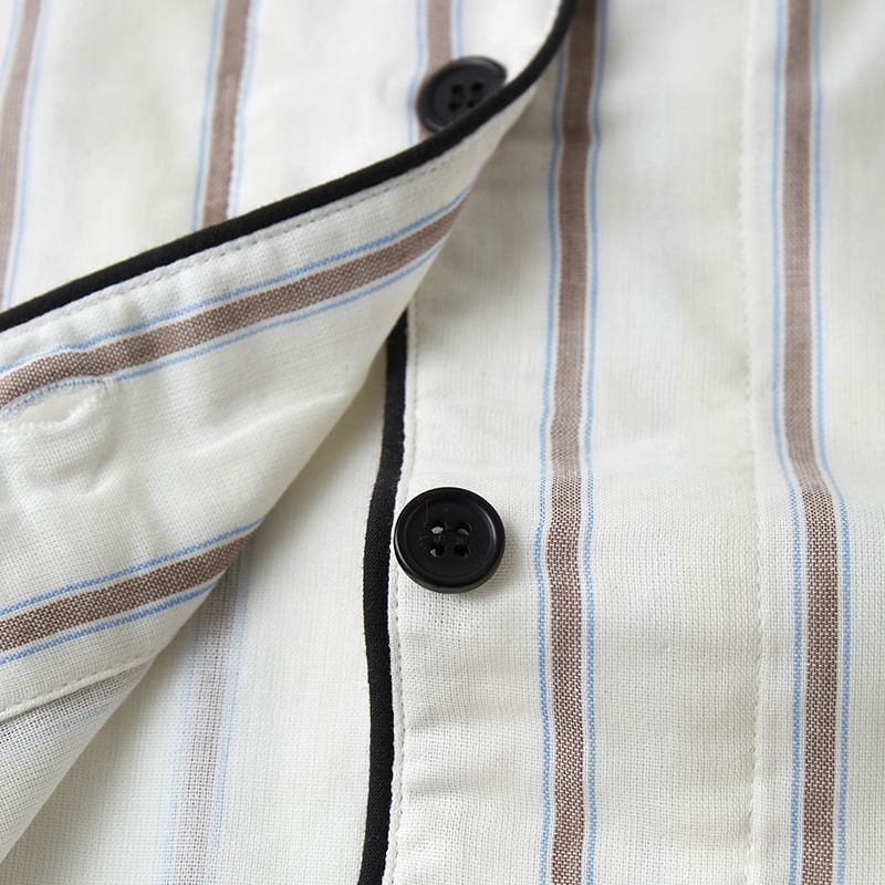 Couple Matching Pajama Set: Long-Sleeve Collared Striped Cartoon Embroidered Button-Up Top + Pants