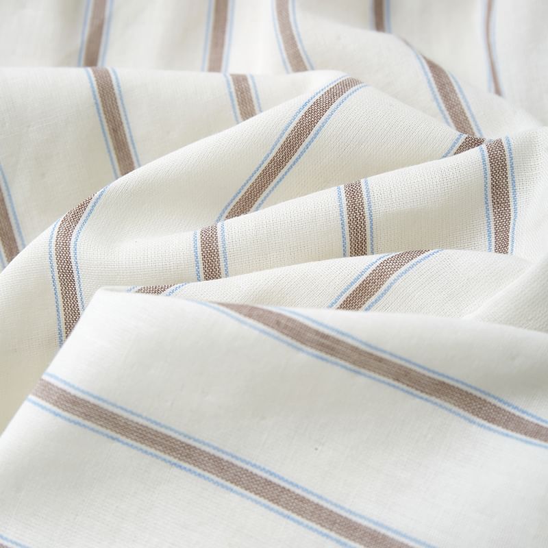 Couple Matching Pajama Set: Long-Sleeve Collared Striped Cartoon Embroidered Button-Up Top + Pants