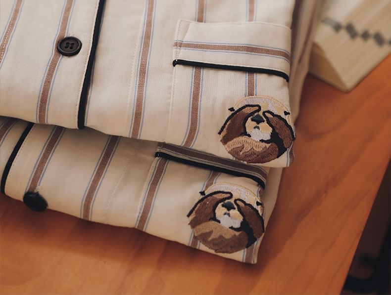 Couple Matching Pajama Set: Long-Sleeve Collared Striped Cartoon Embroidered Button-Up Top + Pants