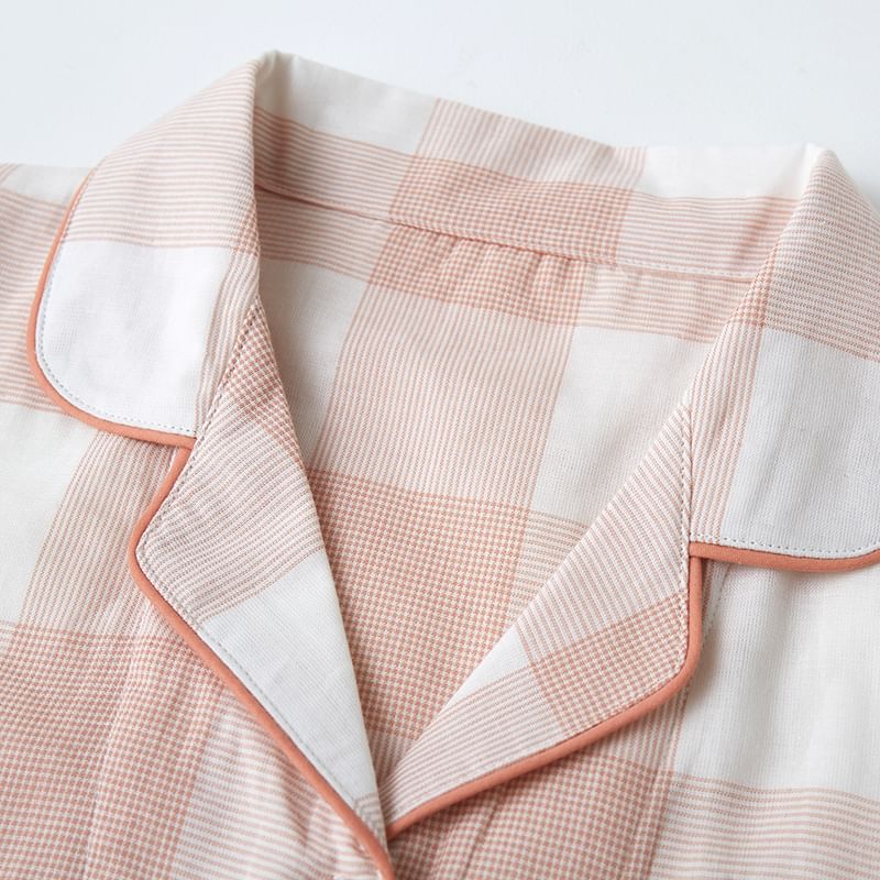 Couple Matching Pajama Set: Long-Sleeve Lapel Collar Gingham Button-Up Top + Pants