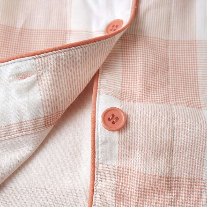 Couple Matching Pajama Set: Long-Sleeve Lapel Collar Gingham Button-Up Top + Pants