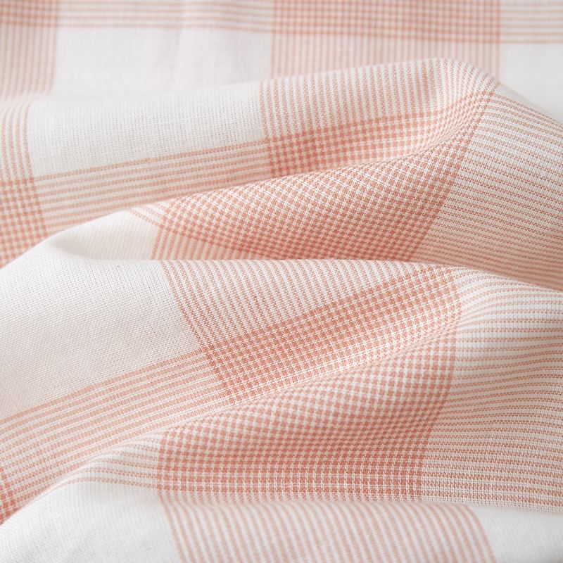 Couple Matching Pajama Set: Long-Sleeve Lapel Collar Gingham Button-Up Top + Pants